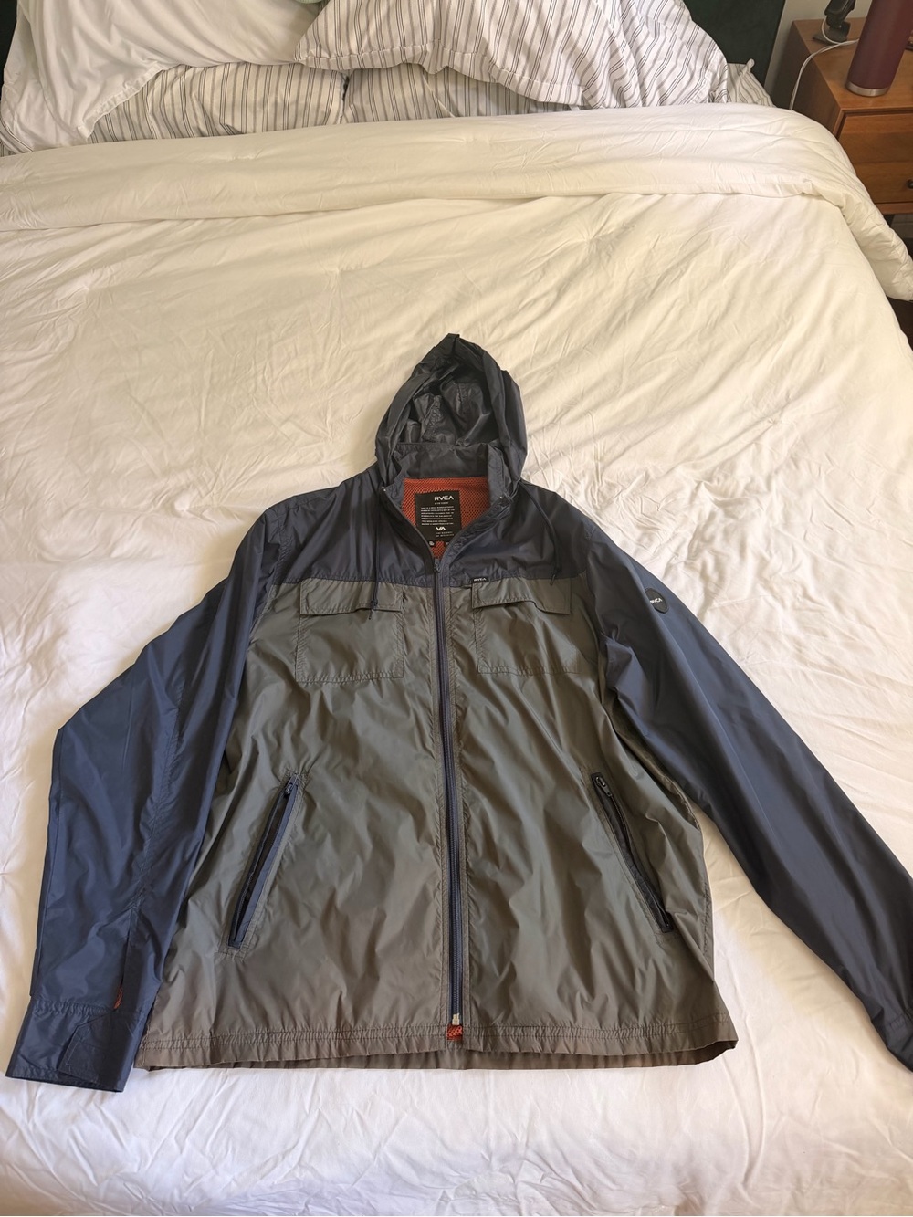 RVCA Men's Hooded Windbreaker Jacket - Olive Green and Navy